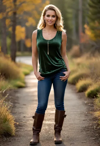 (masterpiece, best quality:1.2), 1 latin 25yo woman, (wearing a baggy moss green shimmering velvet muscle shirt, braless, washed jeans and riding boots, big earrings:1.5), brown eyes, Stetson hat, (long dyed blonde hair, all hair combed back and tied tightly into a ponytail:1.2), (sporty body with heavy hanging natural boobs:1.4), she is outdoors in autumn Colorado landscape, photorealism, beautiful sunset, smiling look, clothes, bustysophie, <lora:style_lora_realis:.5>, <lora:Detailed_female_hands-000001:.5>, <lora:bustysophie_xl_v1.1:.8>