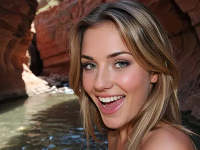 (closeup playful portrait of a mischievous girlfriend, extremely charismatic, goofy charm:2), (standing next to a stream, bottom of a deep red rock slot canyon, placid water, dappled sunlight, clear fresh water:1.6), (jaw length short hair cut, rich blonde hair, dark eyebrows, thick luxurious hair, loose strands of hair framing face:1.8), (sharp focus on eyes, huge cheesy laughing grin, playful pose, exasperated expression:1.4), (candid snapshot aesthetic:1.2), (subtle makeup, defined jawline, soft full lips), (natural charm, girl-next-door aesthetic:1.6), (glittering pale green eyes, long eyelashes, soft blush), (natural lighting, naturally lit, ambient lighting, split lighting, interesting shadows:1.1), (layered composition with defined foreground and background, rule of thirds framing, offset framing, subject in one-third framing:1.6), (shallow depth of field:1.2)