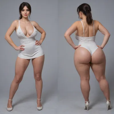 Sexy adult realistic illustration of a sultry, Voluptuous young woman, full beautiful hair, Photorealistic diptych portrait of the same curvy woman in, (two panels side-by-side:1.3), against a seamless studio background separated by a thin vertical gap, left panel full-frontal view, right panel full-back view, model wearing a form-fitting, (red:1.3), micro mini bodycon dress with deep V neckline, (large cleavage:1.3), (hyper erect nipples:1.3), in front and low scoop back, white high heels, left pose, confident stance, one hand on hip, other hand lightly touching collarbone, soft natural expression, subtle makeup, loose bangs framing face, right pose, hands on hips, hair pulled into a mid-height ponytail revealing back, weight shifted to one leg, even soft studio lighting, clean soft shadows, high detail skin texture, realistic cloth folds, accurate anatomy and proportions, cinematic color grading, ultra-detailed 4k photoreal, crisp edges, neutral tones, minimal post-processing., (detailed skin texture:1.2), soft expression, massive underbutt, (curvaceous body type:1.3), (huge round ass:1.3), (massive round ass:1.3), (bulging bubble butt:1.3), cleft ass, deep buttcrack, (suggestive pose:1.3), (8k, ultra sharp, professional), <lora:bottomheavy_v1_sdxl_LoRA:2>, <lora:BodyLicious:2>, <lora:4panel:.8>