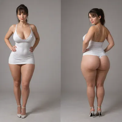 Sexy adult realistic illustration of a sultry, Voluptuous young woman, Photorealistic diptych portrait of the same curvy woman in, (two panels side-by-side:1.3), against a seamless studio background separated by a thin vertical gap, left panel full-frontal view, right panel full-back view, model wearing a form-fitting, (red:1.3), micro mini bodycon dress with deep V neckline, (large cleavage:1.3), (hyper erect nipples:1.3), in front and low scoop back, white high heels, left pose, confident stance, one hand on hip, other hand lightly touching collarbone, soft natural expression, subtle makeup, loose bangs framing face, right pose, hands on hips, hair pulled into a mid-height ponytail revealing back, weight shifted to one leg, even soft studio lighting, clean soft shadows, high detail skin texture, realistic cloth folds, accurate anatomy and proportions, cinematic color grading, ultra-detailed 4k photoreal, crisp edges, neutral tones, minimal post-processing., (detailed skin texture:1.2), soft expression, massive underbutt, (curvaceous body type:1.3), (huge round ass:1.3), (massive round ass:1.3), (bulging bubble butt:1.3), cleft ass, deep buttcrack, (suggestive pose:1.3), (8k, ultra sharp, professional), <lora:bottomheavy_v1_sdxl_LoRA:2>, <lora:BodyLicious:2>, <lora:4panel:.8>