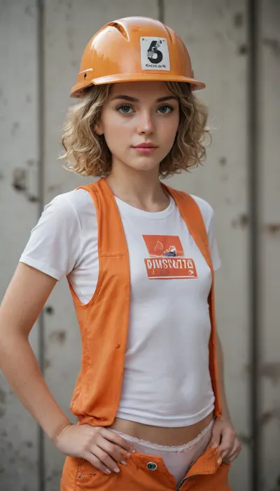 A 20-year-old blonde girl with curly hair and small breasts. She's wearing a white short T-shirt, an orange vest over the T-shirt, and white micro-briefs. She's also wearing an orange construction helmet. Her hands are on her waist.