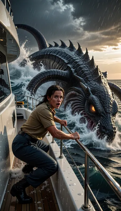 Cinematic 8k action-driven photograph. A raw, dynamic shot of a determined female marine officer on the rain-swept bow of a luxury yacht. She is battling the elements, bracing herself against the rail, with an expression of shock and fierce urgency. On the side of the yacht, a colossal, terrifying sea monster violently breaches the ocean surface, creating a chaotic explosion of giant waves and white sea spray. The monster's dark, wet tentacles and glowing eyes dominate the scene. The stormy sunset light pierces through dark clouds, casting high-contrast, dramatic lighting on her soaked face and the massive, scaly monster. The composition is tense, with water spray drenching the deck and a sense of imminent danger. Gritty, hyper-realistic water physics, and sharp focus on the officer's emotional response and the monster's scales.