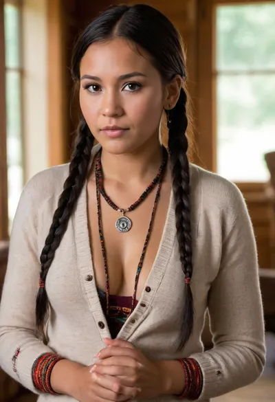This is a busty beauty, Hopi Indian girl with black hair and long braided pigtails. She has tan skin. She is wearing a wool cardigan with Native American print. The sweater is unbuttoned. Her saggy, soft, large, pendulous breasts are visible. She has brown nipples. She is also wearing tight jeans. She is wearing Native American necklace, earrings, bracelets, and rings. She is playing with her braids. She is in a lodge.
