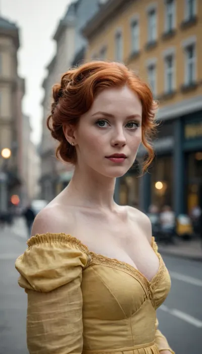 25 yo redhead woman, street photography of classic woman showing her natural breast in public on the street at morning, victorian hairstyle, Detailed background, outdoor, yellow elegant victorian dress, offshoulder, morning, misty, foggy, street, building, people, desaturated, muted color, vintage, analog, photo, street lighting, natural lighting, strong shadow, ultimate details, sharp focus, rich color, Nikon D850