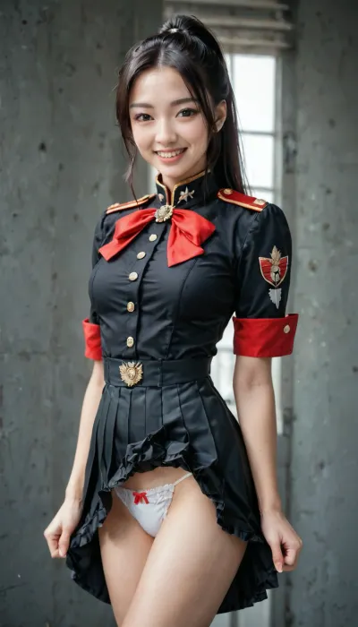 1girl of 29 years old, cute asian, smile, (slim body, slim legs, slim thigh:1.02), (matte black military uniform of wrinkle-free with thin red line, matte black dress mini skirt with frills, pleated wrinkle-free skirt of soft clothes:1.02), (many under skirt of white, peticoat:1.05), (flutter up wildly, lift up skirt, white sexy panty, string panty, ultra-detailed panty:1.07), volumy hair, high-ponytail, (very long straight black hair that reached her thigh:1.03), black eyes, (her breast of G-cups:1.02), spread hands, raised hand, (military, in warship hanger:1.05), (realistic:1.24), <lora:HandFineTuning_XL:1>, <lora:japanese_girl_v1.1:1.4>, <lora:cute_girls_xl_v1:1.6>