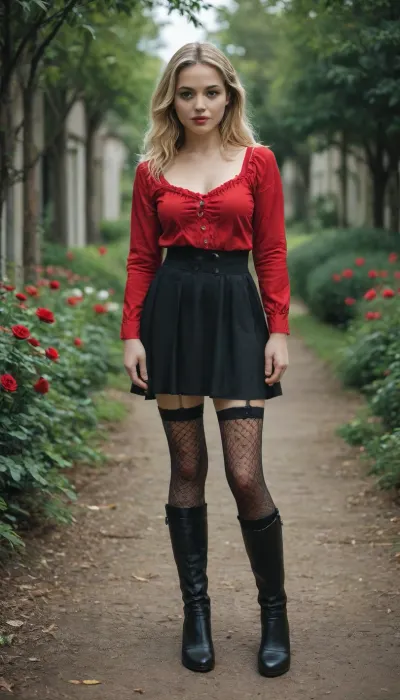Photo realistic, a small blonde woman, 1.65m, medium-length blonde hair, red long-sleeved blouse, black skirt, black fishnet stockings, garter stockings, black knee-high boots, on a sunny day, at noon, in my rose garden.