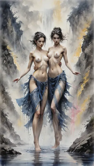 Dungeons&Dragons style, two gorgeous lascious women dancing a hot waterdance in a large open pound, bare chested, nude, Yoji Shinkawa, Luis Royo, fog waterfall background, dark blue and yellow and light pink palette, Ink, ink lines crosshatching, <lora:InkWashpainting:.8>