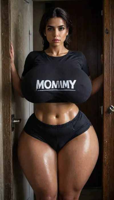 Torso shot, Soft light bedroom backdrop, ((perfect eyes, model face cut, beautiful high two braid long hip)), Young Housewife, (((massive huge breasts, petite waist, oiled wide broad hips, thicc thighs figure))), Indian Beautiful housewife, waiting for her husband at door, standing in doorway on the porch, looking in distant, she is thicc at waist, (((ginormous breasts, natural mommy tits, (“THICC MOMMY” word engraving top)))), ((thicc huge thighs, hairy pouty cameltoe, elastic logo underwear boxers, wide hips, wide broad thighs:1.5)), fit huge butt, ((wearing “logo” crop top)), puffy, nipples, dark, ghost, wide, raw, lighting, overexposed, harsh, flash, <lora:LCMTurboMix_Euler_A_fix:.8>, <lora:dark:.8>, <lora:Nipples XL:.8>, <lora:SDXLHighDetail_v6-000005:.8>, <lora:Rawfully Stylish v0.2_epoch_20:.8>