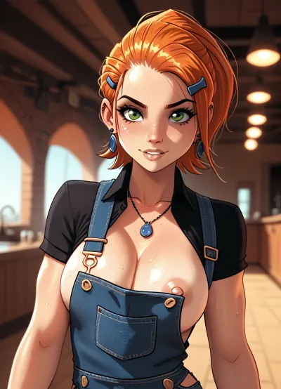 Melkor Mancin meets Jack Cayless meets Fuya, 35mm, Playboy photoshoot. Rosie the Riveter winking at the camera in overalls, off breast, showing off her muscles, cyberpunk aesthetic, cinematic, 8k, hyperdetailed., beautypinupart, 1girl, (/Ben10), /, (ultra, HD, quality, details), (green, eyes), <lora:PinupManiaXL_V1.0:.8>