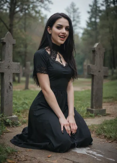 submissive goth girl kneeling on gravedad.red látex dress.huge cock cumming over clothes.open mouth.tongue out.smiling.black long hair.