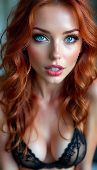 neonpunk style, Close up, red haired instagram woman on knees looking up at viewer, (viewer standing directly over model), (mouth open ready to take cock), view from above looking down at her, lustful blue eyes, mouth wide open as she is wanting you to cum on her tongue, tongue out, orgasm, close up, stunning 25years old, (very long bright red wavy hair), skinny, slender, thin, (sexy black lingerie), (skinny:1.3), (highly detailed hair), sharp body, highly detailed body, (realistic), soft focus, analog look, insanely detailed, highest quality, looking at viewer, perfect teeth, breasts, (c cup breasts), (realistic:1.3), (shadows:.9), film camera, analog, photo, film grain, realistic face, perfect face. Seductive look, wants you to fuck her, erotic, elegant, <lora:attractive_notrigger:1.9>, <lora:BUT_SDXL_SHS:.9>, <lora:Vivid Midjourney mimic - XL SDXL v2.0:2>, <lora:add-detail-xl:1.3>
