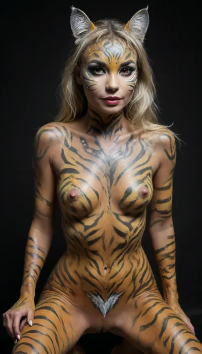 art body, Naked attractive woman, whose entire body is painted in tiger color with accents of wild cat, (((all body painted:2.1))), with dramatic dark makeup, sitting seductively on a dark surface, leaning forward, looking at the camera, to create a sensual image on a completely black background. The image should be detailed, with bright color contrasts, taken in full growth on 35mm film, and should be characterized by high detail, beauty, realism, cinematic quality, and play of light and shadow. flat, chested, <lora:xl_more_art-full_v1:2>, <lora:flat_chested_v3.5:.8>