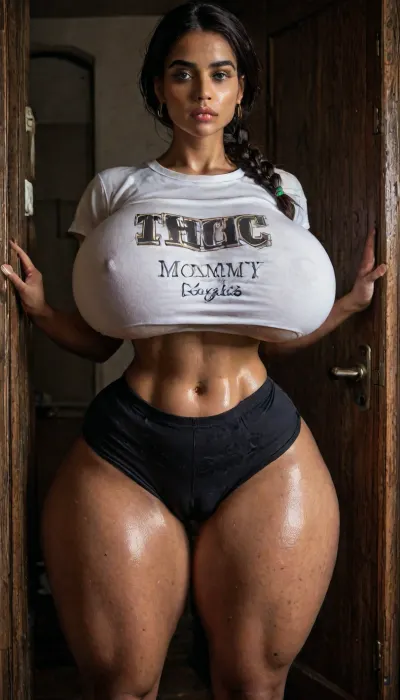 Torso shot, Soft light bedroom backdrop, ((perfect eyes, model face cut, beautiful high two braid long hip)), Young Housewife, (((massive huge breasts, petite waist, oiled wide broad hips, thicc thighs figure))), Indian Beautiful housewife, waiting for her husband at door, standing in doorway on the porch, looking in distant, she is thicc at waist, (((ginormous breasts, natural mommy tits, “MOMMY” print Top:1.2))), ((thicc huge thighs, hairy pouty cameltoe, elastic “logo” boxers, wide hips, wide broad thighs:1.5)), fit huge butt, ((wearing “Mommy logo” crop top)), puffy, nipples, dark, ghost, wide, raw, lighting, overexposed, harsh, flash, <lora:LCMTurboMix_Euler_A_fix:.8>, <lora:dark:.8>, <lora:Nipples XL:.8>, <lora:SDXLHighDetail_v6-000005:.8>, <lora:Rawfully Stylish v0.2_epoch_20:.8>