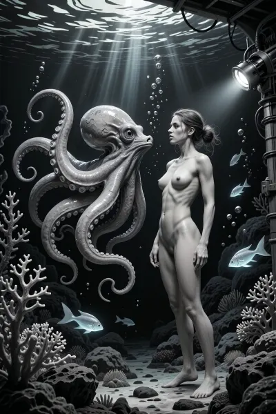 In the mysterious depths of the ocean, a 25 years old, nude, deep-sea researcher and a majestic three-meter octopus hover in the weightlessness of the deep sea, Both are positioned gracefully, the researcher upright and the octopus facing her, their bodies gently floating and separated in the underwater expanse. The researcher and the octopus lock eyes, capturing a moment of mutual curiosity and wonder. The octopus’s tentacles are intricately detailed, while its head and expressive eyes remain distinct, ensuring a clear separation between the two. The scene is brought to life by the interplay of the research station’s light and the natural bioluminescence of the deep-sea creatures, highlighting every detail in photorealistic quality. Corals, rocks, and other underwater elements enhance the mystical atmosphere, creating a breathtaking and magical underwater encounter, (glowing fishes:1.3), Dramatic lighting from both the station and the diver’s own equipment accentuates the scene, creating a captivating and immersive atmosphere., firm buttocks, ultra-sharp details, realistic skin texture, refined contrast, 8k detail, authentic facial expression, clean composition, (maximum photo quality:1.4), (maximum resolution:1.5), Black, and, white, art, pencil, shading, charcoal, drawing, toned, paper, brutal, b/w, color, scheme, highly detailed various background, DonMSp3ctr4lXL