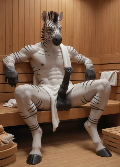 Male zebra, equine balls, flared black equine cock hanging between legs, anthro, scars on body, hooves, sitting, legs spread, sauna, towel over shoulders