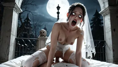 (girl at cemetry riding vaginal sex, ((horror theme:1.3)), ((lustfull face)), ((torn white stockings)), ((black wedding dress)), moonlight, ((obsessed:1.4)), ((white eyes)), ((orgasm:1.4)))
