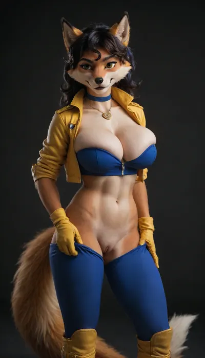 Carmelita Fox from Sly Cooper, female-fox, fox-breasts, fox-teets, tiny-waist, furry-yiff-face, Sexy furry, furry-art, orange fur, (((Sexy fox))), fox tail, (((fox face))), (((furry face))), anthro-furry-yiff, yiff-anthro-furry-fox, solo, (((((large breast, natural breast))))), large chest circumference, apricot skin, sexy pose on the bed, black background, open pussy.
Her attire consists of a thick, dark blue choker with her INTERPOL badge hanging as the pendant, a slightly cropped, dark yellow leather jacket over her signature zipped-up dark blue tube top, golden-yellow gloves, tight-fitting dark blue leggings held by a reddish-brown belt, and dark brown/black combat boots commonly dark yellow-brown calf-high.