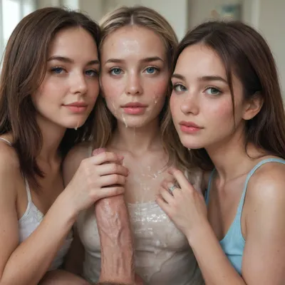 handjob a big cock, veiny cock, ultra hd photo realistic, three women, from left to right, hinata, freckles face, blushing, embarrassed, handjob, cum shot, excessive cum on face, excessive thick cum on forehead, cum on clothes, lots of freckles, American girls, blonde, brunette, auburn hair, (1 Cock)