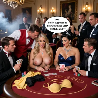 At an opulent Monte Carlo Casino hall a naked woman is playing cards with three men and one other fully dressed woman, all seated around the table, the croupier is standing next to the naked woman. The hall has a smoky atmosphere, is lit with chandeliers and has expensive artwork on the walls. All the players are holding cards. the naked lady is a stunningly beautiful blonde, long wavy hair, wearing just a necklace and earrings, massive gigantic tits. The fully dressed fat woman is in a dark blue evening gown with sequins, low neckline, black beehive styled hair with a small tiara, lots of jewellery. The men are all in evening suits. The croupier is wearing a red waistcoat over a white shirt and a red bow tie. In the centre of the table alongside the remaining cards are the naked ladies yellow dress, black panties and big cupped bra. In front of each player, including the naked lady there are small piles of gambling chips. Several people are standing and watching the game both male and female all smartly dressed for the evening. The croupier is leaning over to whisper to the naked lady seated beside him. She exclaims, speech bubble “OH! So I’m supposed to bet with these CHIP THINGS, am I ?”, focus on the naked woman, realistic, chiaroscuro