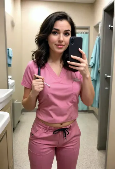 Sexy 25 year old slightly chubby woman, nurse wearing scrubs, scrubs, black wavy hair, triangle shape pubic hair, public bathroom selfie, pants pulled down, shirt pulled up, taking selfie with phone