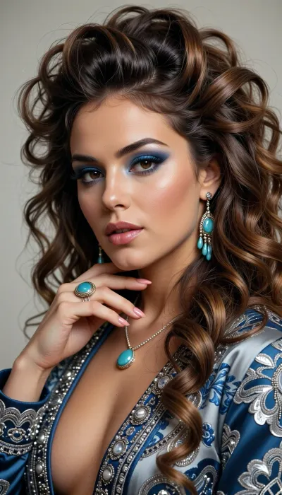 Photorealistic studio portrait of a beautiful young woman in her late 20s, exact facial likeness, soft heart-shaped face, high cheekbones, smooth fair skin with warm undertones and natural glow, large almond-shaped dark brown eyes with intense direct gaze, dramatic vibrant blue eyeshadow blended on the lids and crease, sharp black eyeliner, long thick lashes, perfectly arched dark eyebrows, straight refined nose, full plump lips with glossy nude-peach lipstick, slightly parted mouth with soft seductive expression.
Signature voluminous 1980s big hair, extremely thick layered wavy brown hair with caramel and auburn highlights, massively teased and backcombed for huge volume at the crown and sides, wild flowing curls and waves cascading over shoulders, messy yet glamorous styling.
Eleant pose, three-quarter view, head gently tilted, right hand raised with fingers gracefully resting under chin and touching hair, long manicured nails with sheer pink polish, large turquoise stone ring on the right hand.
Wearing an ornate blue-gray patterned jacket with intricate silver embroidery, sequins and decorative stitching, deep open neckline. Accessories, long dangling turquoise and silver earrings, delicate turquoise pendant necklace.
Soft flattering studio lighting from front-left, gentle highlights on cheekbones and voluminous hair, soft natural shadows, clean light gray seamless background. Ultra realistic skin texture, individual hair strands visible, sharp focus on eyes and face, shallow depth of field, cinematic color grading, photorealistic, 8k detail, masterpiece, best quality.
