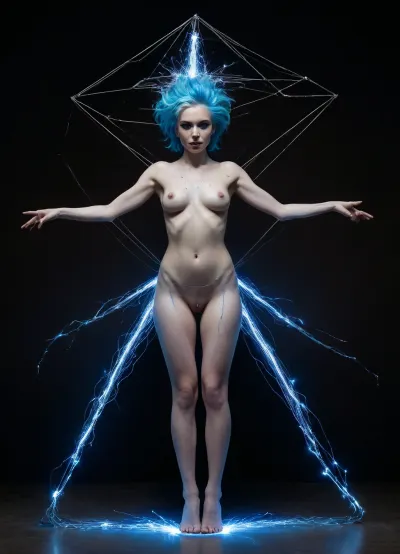 Painting of a sinister prismatic device in the shape of a diamond, with bundles of wires attached to a completely naked woman, arms and legs spread in the air, revealing her vulva and anus dripping with fluorescent white gel, electric blue hair, which emits electric sparks, descending downwards, pictorial atmosphere of a deep black, in the style of Nicola Samori, <lora:NicolaSamori:1.8>