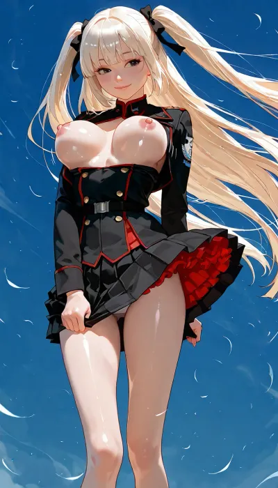 1girl, cute face with smile, (skinny, slim body, slim legs, slim thigh:1.04), (holding down of skirt by her hand, updraft, floating, fluttering, skirt, wind, tug, lift:1.08), (red and black military uniform, short jacket, long military-lolita dress skirt, long pleated black skirt, frills skirt, many under skirt, peticoat, white sexy panty, ultra-detailed panty:1.02), volumy hair, high-twintail, very long gold straight hair on her thigh, staring at me, raise her right hand straight up horizontally, black eyes, pink nipples, (looking her medium breast, bouncing breasts:1.04), in warship hanger, (realistic:1.18), <lora:skirt tug_XL_V1.0:1.4>, <lora:Rubi-samaXL:1>, <lora:ClearKing_XL_v1_AutoRunMech:1.2>