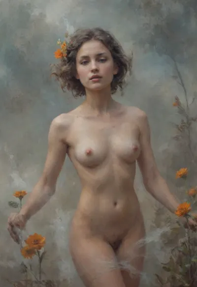 The artistic style of this image is highly conceptual and surreal, blending elements of fantasy and natural decay. The composition centers on a nude female figure whose form is partially obscured by a swirling, semi-transparent mist that appears to be dissolving or transforming her body. This mist is textured and granular, suggesting a material like powdered stone or ash, which contrasts with the smoothness of her skin.
The color palette is restrained and atmospheric, dominated by cool, muted tones—whites, grays, and soft blues—that create a sense of ethereal detachment. Against this monochromatic background, vibrant orange-yellow flowers emerge, particularly concentrated around her head and torso. These flowers serve as focal points and introduce a touch of organic life and warmth, creating visual tension with the desiccated, almost skeletal texture of the surrounding mist.
The artistic technique emphasizes a dreamlike, otherworldly quality. The figure’s gaze is direct and intense, grounding the viewer in her presence despite the surreal dissolution around her. The interplay between solid form and ephemeral material suggests themes of impermanence, transformation, or rebirth. The style leans toward digital artistry or AI-generated imagery, given the seamless blending of textures and the hyper-realistic yet fantastical rendering. The overall aesthetic is poetic, melancholic, and visually arresting, evoking a sense of both fragility and enduring beauty., Surreal, Harmony, ptm0, oil, impressionist, painting, <lora:Surreal Harmony:.9>, <lora:ptm0:.9>, <lora:ClassipeintXL2.1:.4>, <lora:EldritchImpressionismXL1.5:1.6>