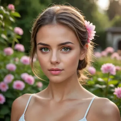 ultra realistic photo of a beautiful young woman, light tanned skin with natural skin texture, oval face, symmetrical features, hazel-green eyes with natural light reflection, long eyelashes, well-defined eyebrows, thin proportional nose, full natural lips

long dark brown hair, slightly wavy, loose, with a pink flower behind her ear

slim body, wearing a summer dress with thin straps and deep V neckline, blue and white ornamental pattern

outdoor garden scene at sunset, colorful flowers, soft golden hour lighting, shallow depth of field, background bokeh

professional photography, 50mm lens, cinematic lighting, ultra detailed skin texture, HDR, 8k, sharp focus on eyes, natural tones, fashion editorial style