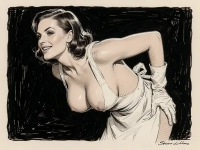 (Line art:2), (monochrome sepia ink drawing, no other color:2), (black and white:2), (ultra stylized dark background:1.3), 1woman., 2/3 side view, full body drawing of a 1950's middle-class lady, 30 years old, 1950s style, 1950s style brunette hair, smirking, (playing coy, but horny as hell:1.5), sharp angular facial features, long pointed chin, narrow nose, large nose, wearing a full-sized white apron covering her entire upper body and also most of her big torpedo breasts, sideboob, rubber gloves, bending forward, intentionally causing an overboob, stylized sepia ink drawing, pen and ink technique, with cross-hatching and line work. Style of Stramaglia. Style of Bruno LeCoq. Style of Gotha. Drawn using line drawing and cross-hatching techniques to create volume, depth, and shadows. Drawn on textured paper. Fine lines and shading are visible throughout the drawing. Pen and ink style. Fine marine ink, fine pen and ink lines, surgical precision strokes in the fine details and firmness in the details of the thicker lines. Precise pen shading, ink drawing.