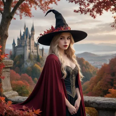 A young woman, long flowing blonde hair, naked, captivating gaze, large black witch's hat embellished with autumnal red leaves. Her expression is serene, yet slightly mysterious. Her captivating eyes have a deep golden hue, accentuated by full, rich red lips. She's in her early twenties, of light European descent. Her outfit is a black, flowing cloak. The woman's pose is a full view, turning towards the viewer, her head tilted slightly. A majestic castle is intertwined with her image, nestled amidst a mountainous autumnal landscape. The castle is a light beige color, with intricate details of turrets and battlements. The mountainside is covered in vibrant shades of autumnal red and gold leaves. Thick fog and misty clouds envelop the landscape. Tiny stars are scattered throughout the sky. The lighting is dramatic, with a soft glow illuminating the castle and the woman's face. The overall mood is enchanting and dreamlike, reminiscent of fairytales. The artwork showcases a delicate balance between the intricate details of the castle and the ethereal quality of the woman. Atmospheric perspective is strongly used, placing emphasis on the castle and the distance background. The colors are rich and well-balanced, with dark backgrounds and vibrant highlights. A muted palette of autumnal colors and dark gray tones is employed. A subtle glow and luminescence add to the fantasy style. The style is a blend of fantasy art and portraiture, with a touch of romanticism.