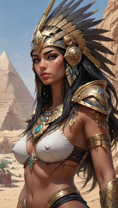a highly detailed Close up oil painting in style of by Sam spratt and laurie greasley, a egyptian woman in an egyptian costume, (((nemes headdress))), full egyptian armor, very busty, perfekt round breasts, no visible nipples, Side View, fantasy art, ((sideboob)), desert, Pyramids, full hd, metart, an oil on canvas painting, contest winner, figurative art, young woman with dark egyptian hair, an airbrush abstract figurative art, concept, art, by, syd, mead, retro, futuristic, flat, colors, <lora:Mecha_Ggorgeous_Armor-000011:.8>, <lora:concept_art_syd_mead:2>
