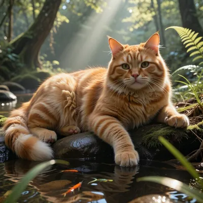 a breathtakingly photorealistic scene of a round, impossibly plush ginger tabby cat lounging like a spoiled monarch on the sun-dappled banks of a serenely rippling forest pond, its velvety fur catching the golden afternoon light in a way that makes every whisker and toe bean gleam with divine indulgence. The cat’s regal paunch spills over the smooth river rocks in a comically decadent display of feline opulence, one fluffy mitt dangling dramatically near the water’s edge where tiny minnows dart. The background is a misty, ethereal woodland, with sunbeams piercing the canopy and ferns unfurling in subtle hues around the napping beast. The macro-level detail renders every blade of grass with scientific precision.