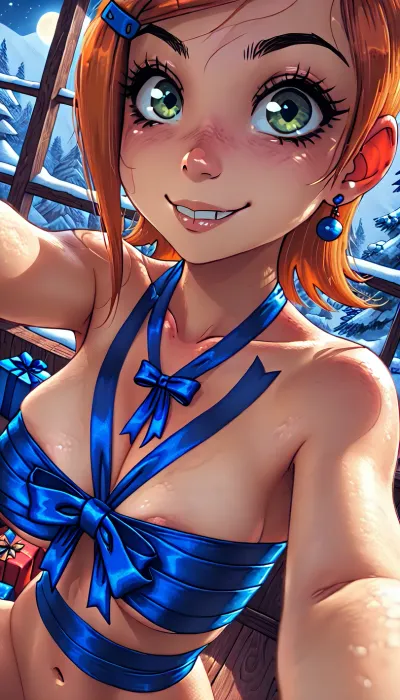 ((Gwen from Ben10)), Melkor Mancin meets Jack Cayless meets Fuya, kneeling on floor, smirk, athletic and slim, giant sagging breasts, mini waist, close up selfie, (blue gift ribbon wrapping chest diagonally:1.5), extreme big window, Christmas time, Christmas tree, snow, winter, starry sky, moon, midnight, high angle shot, front-side view from below, (close up to face:1.3), Nouveau, ///
Best quality, masterpiece, high resolution, high detail, perfect natural lighting, best shadow, best frame, dark theme, but, <lora:BUT_SDXL_SHS:2>, <lora:ahxl_v1:.8>