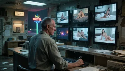The motel watcher: six monitors, one man, a rain-slicked night