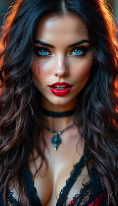 neonpunk style, woman, women, beautiful 30 year old romanian vampire, (bloody mouth), close up face, long wavy black tousled hair, (8k, RAW photo, best quality, masterpiece:1.4), fashion makeup, bloody lips, perfect blue eyes, (vampire fangs), ((fangs)), seductive look, <lora:attractive_notrigger:1.8>, <lora:BUT_SDXL_SHS:1.7>, <lora:RMSDXL_Darkness_Cinema:.1>, <lora:Vivid Midjourney mimic - XL SDXL v2.0:1.2>