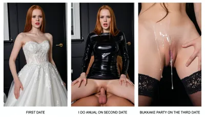 side-by-side three pictures of a young woman, Same woman each photo with long red hair, glossy red lips, black eyes, standing in front of black wall. On the first picture on the left she wears a white wedding dress, text below the picture "FIRST DATE". On the second picture in the middle she wears a shiny black latex dress and is sitting on a man´s lap, with man´s ick deep in her ass, hard anal sex, she is looking disgusted with orgasm face, Text below the picture "I DO ANAL ON SECOND DATE". On the third picture on the right she wears black lace stockings, showing pussy with cum drippong out, she is full of cum after bukkake, soaking wet hair, ruined make-up, text below the picture "BUKKAKE PARTY ON THE THIRD DATE".