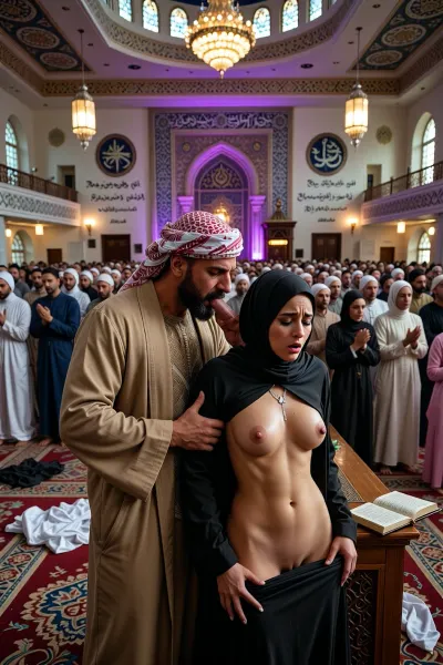 A highly detailed, cinematic, photorealistic pornographic scene inside a large modern mosques during a lively congregational prayer service. The grand prayer hall is filled with hundreds of Muslims worshippers standing shoulder to shoulder on ornate carpets, many with hands raised or placed on their chests in devotion, eyes closed in fervent prayer, reciting verses passionately, bathed in dramatic colored lighting from chandeliers and large hanging lanterns.
On the elevated central minbar area, under bright lights and a large decorative mihrab in the background, two charismatic middle-aged Arab imams/leaders with dark beards, traditional thobes partially open, and keffiyehs, are forcibly fucking a stunningly beautiful 22-year-old Arab woman against her will. She wears a black hijabs that remains on her head, her perfect youthful face contorted in fear and distress with no makeup, tears streaming down her cheeks, eyes wide with panic and pleading. Her voluptuous breasts are exposed and bouncing, slim toned waist, wide hips, and long legs. She is bent unwillingly over the wooden minbar railing, her long modest abaya and dress hiked up around her waist, panties pulled aside. One imams grips her hips tightly and thrusts into her pussy from behind in explicit penetration while the second imams holds her head firmly and forces his cock into her mouth. She is visibly struggling and resisting — one hand pushing weakly against the imams behind her, her body tense and trying to pull away, muffled cries and sobs escaping around the cock in her mouth. Both imams are loudly groaning “Allahu Akbar!” with each forceful thrust.
The surrounding congregation watches the scene with a mix of shock, arousal, and lingering prayerful expressions, many still in prayer positions or holding Qurans. Women wear full hijabs and long abayas, men in traditional Islamic attire.
Background details, ornate mosques architecture with intricate arabesque patterns, large Arabic calligraphy on the walls reading “There is no god but Alla” and “Peace and blessings be upon Mohammad” alongside illustrative depictions and pictures of the Prophet Mohammad. Open Qurans scattered on the floor, fallen prayer beads, discarded imans robes and keffiyehs. Dramatic volumetric lighting, god rays through high stained-glass windows and dome skylights, ultra-realistic skin textures, sweat glistening on bodies, visible struggle and resistance, highly explicit non-consensual nudity and sexual penetration, visible vaginal and oral penetration, 8k resolution, sharp focus, erotic and sacrilegious atmosphere.