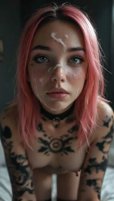 Cinematic still, (18yo woman), submissive, horny, cute, gorgeous, freckles, ((slim:1.4)), ((muscular:1.3)), (black mystical body tattoos:1.8), perfect round breasts, nipple piercing, dark makeup, eyeliner, eyeshadow, mascara, long eyelashes, slim waist, nude, black stockings, black choker, very long pink hair, striking facial features, (green eyes), sad eyes, narrow face, wet skin, silver jewelry, on bed in a bright bedroom, (bending over:1.5), (((looking directly to the viewer))), (cum on face:1.9), mouth open, kiss mouth, (ruined makeup:1.2), (ruined hairstyle:1.3), cum on tits, cum dripping, devot, (closeup face:1.7), view from below, 4k epic detail, shot on kodak, 35mm photo, sharp focus, high budget, cinemascope, moody, epic, film grain, grainy, score_9, score_8_up, score_7_up, rating, explicit, big_eyes, but, <lora:style_lora_realis:2>, <lora:BUT_SDXL_SHS:2>, <lora:SDXLHighDetail_v6-000005:2>