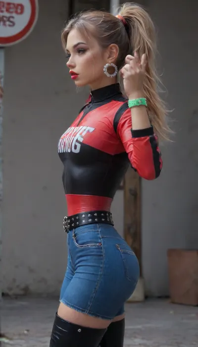 (side view:1.4), girl, european asian girl, flat, chested, blonde, belly piercing, high ponytail, bracelets, earrings, extreme daisy dukes, skinny, glossy red lipstick, (high waist tight jeans shorts:1.6), (thigh high boots:1.5), bimbo makeup, studded belt, boots, jacket, travelling bag, on a street, (raising hands in a sign of obedience:1.6), close up, huge, ass, breasts, hips, narrow, waist, supermodel, big, lips, 4ng3l, face, 4ss_p4nts, shiny, pants, <lora:flat_chested_v3.5:1.4>, <lora:BodyLicious:1.2>, <lora:Beautify-Supermodel-SDXL:2>, <lora:SDXL_BetterFaces-LoRA_v1:1.6>, <lora:Ass_Pants_XL:.8>