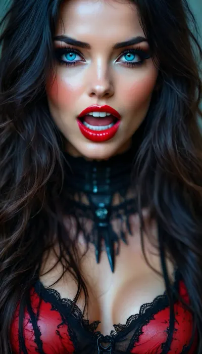neonpunk style, woman, women, beautiful 30 year old romanian vampire, (bloody mouth), close up face, long wavy black tousled hair, (32k, RAW photo, best quality, masterpiece), fashion makeup, bloody lips, perfect blue eyes, (vampire fangs), ((fangs)), seductive look, <lora:attractive_notrigger:.5>, <lora:BUT_SDXL_SHS:1.7>, <lora:RMSDXL_Darkness_Cinema:.9>, <lora:Vivid Midjourney mimic - XL SDXL v2.0:2>