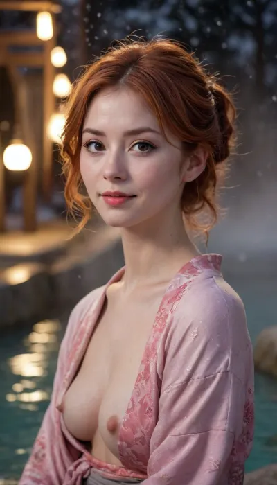 ((From Nordic woman)), perfect lighting, ultra realistic, 8k resolution, ultra detailed, instagram model, professional photography, Japan Travel, winter, night view, At the hot springs, Hot spring steam, redhead hair color, wavy short shoulder-length hair, exposed breasts, kimono, medium chest, shy smile, nordic, playful, freckled face, slim body, lifelike face, real face, real pussy, open pussy, Sitting posture