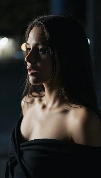 cinematic chiaroscuro portrait of a woman face and body at night, extreme low key lighting, single, (very very dim), side light, deep crushed blacks, body mostly hidden in shadow, only faint contours visible, dramatic shadow contrast, Caravaggio lighting, minimal illumination, black background, atmospheric darkness, subtle film grain, underexposed photography, almost invisible details, darkness dominating the frame, negative space