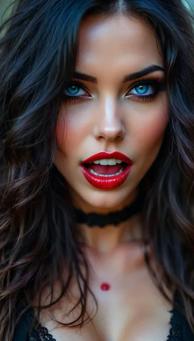 neonpunk style, woman, women, beautiful 30 year old romanian vampire, (bloody mouth), close up face, long wavy black tousled hair, (32k, RAW photo, best quality, masterpiece), fashion makeup, bloody lips, perfect blue eyes, (vampire fangs), ((fangs)), seductive look, <lora:attractive_notrigger:1.8>, <lora:BUT_SDXL_SHS:1.7>, <lora:RMSDXL_Darkness_Cinema:.1>, <lora:Vivid Midjourney mimic - XL SDXL v2.0:1.2>