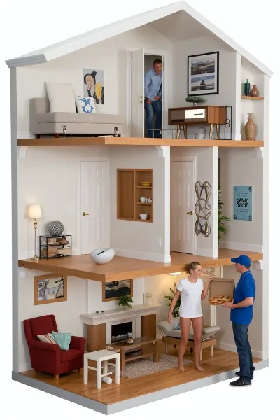 Create a cutaway image of an apartment, (a 25 years old woman opens the door and accepts a pizza from a delivery driver:1.2), while, the husband can be seen standing behind the living room door, peering through the keyhole and watching the woman and the delivery driver