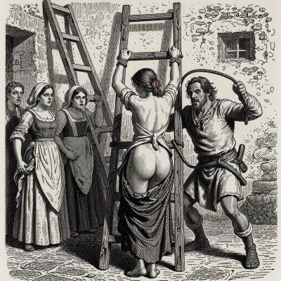 A dramatic black-and-white illustration depicts a tense, historical scene in a rustic courtyard. The composition centers on a group of five figures in period attire, rendered in a detailed, cross-hatched engraving style reminiscent of 19th-century book illustrations. A woman stands with her back to the viewer, facing a wooden latter. the ladder leans at a wall in the background. both arms are raised and bound to a wooden ladder, suggesting a punishment or public display. Her dress is ripped open, her back is visible. To her right, a man in a simple tunic and breeches aggressively swings a whip, his face contorted in a menacing expression. Three onlookers, two women and a man, stand in the background, their faces show alarm and distress, with wide eyes and open mouths. The figures wear modest, layered clothing—long skirts, headscarves, and simple tunics—indicative of a lower-class rural setting. The setting is an outdoor courtyard with a weathered stone wall and a small window, rendered with textured lines to convey age and roughness. The lighting is stark and directional, creating strong contrasts and deep shadows that heighten the scene’s dramatic tension. The overall style is highly detailed and narrative-driven, with dynamic poses and expressive gestures that convey urgency and emotion.