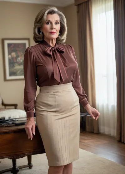 Classy american gilf, confident, solid, mega busty, ultra elegant minimalistic simple formal silk business bow blouse, fancy pleated skirt, pantiehose, high heels, huge ultra saggy breasts, brown striped hair