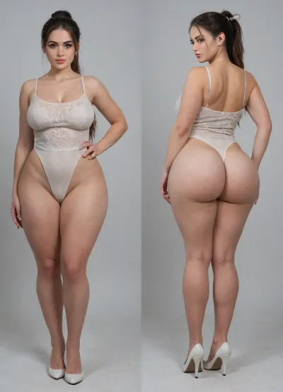 Sexy adult illustration of a sultry. Voluptuous young woman, Photorealistic diptych portrait of the same curvy woman in two panels side-by-side against a seamless white studio background separated by a thin vertical gap, left panel full-frontal view, right panel full-back view, model wearing a form-fitting red mini bodycon dress with deep V neckline in front and low scoop back, white high heels, left pose, confident stance, one hand on hip, other hand lightly touching collarbone, soft natural expression, subtle makeup, loose bangs framing face, right pose, hands on hips, hair pulled into a mid-height ponytail revealing back, weight shifted to one leg, even soft studio lighting, clean soft shadows, high detail skin texture, realistic cloth folds, accurate anatomy and proportions, cinematic color grading, ultra-detailed 4k photoreal, crisp edges, neutral tones, minimal post-processing., (detailed skin texture:1.2), soft expression, massive underbutt, (curvaceous body type:1.3), (huge round ass:1.3), (massive round ass:1.3), (bulging bubble butt:1.3), cleft ass, deep buttcrack, (suggestive pose:1.3), (8k, ultra sharp, professional), <lora:bottomheavy_v1_sdxl_LoRA:2>, <lora:BodyLicious:2>