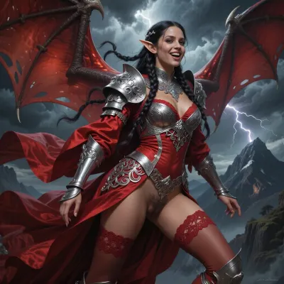A cinematic wide shot, (beautiful elvish princess in intricate silver filigree armor flying a massive red dragon:1.3), elegant elven features, luminous skin, braided silver in her dark hair, ornate filigree armor, flowing red silk robes, pointed ears, regal posture, joyful expression on beautiful face, dark tan skin, braided black hair, red silk bodice, red lace stockings, red lace garter belt, elegant, plumb pussy with little public hair slightly exposed on side of dress, dynamic pose, elf ears, perfecteyes, in full view, .

Oil painting style, Greg Rutkowski inspired, ethereal, cinematic lighting, hyper-realistic, 8k resolution, intricate detail, high fantasy aesthetic, silhouetted against a dramatic stormy sky with lightning striking a mountain top