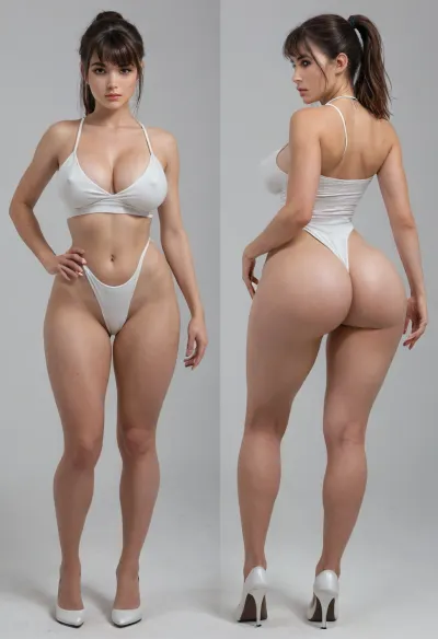 Sexy adult illustration of a sultry. Voluptuous young woman, Photorealistic diptych portrait of the same curvy woman in two panels side-by-side against a seamless white studio background separated by a thin vertical gap, left panel full-frontal view, right panel full-back view, model wearing a form-fitting red micro mini bodycon dress with deep V neckline, (large cleavage:1.3), (hyper erect nipples:1.3), in front and low scoop back, white high heels, left pose, confident stance, one hand on hip, other hand lightly touching collarbone, soft natural expression, subtle makeup, loose bangs framing face, right pose, hands on hips, hair pulled into a mid-height ponytail revealing back, weight shifted to one leg, even soft studio lighting, clean soft shadows, high detail skin texture, realistic cloth folds, accurate anatomy and proportions, cinematic color grading, ultra-detailed 4k photoreal, crisp edges, neutral tones, minimal post-processing., (detailed skin texture:1.2), soft expression, massive underbutt, (curvaceous body type:1.3), (huge round ass:1.3), (massive round ass:1.3), (bulging bubble butt:1.3), cleft ass, deep buttcrack, (suggestive pose:1.3), (8k, ultra sharp, professional), <lora:bottomheavy_v1_sdxl_LoRA:2>, <lora:BodyLicious:2>